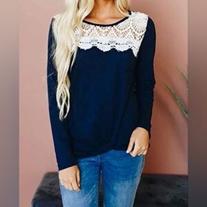 Women's Navy Twist Knot Waffle Knit Long- Sleeved O-Neck Top Size L